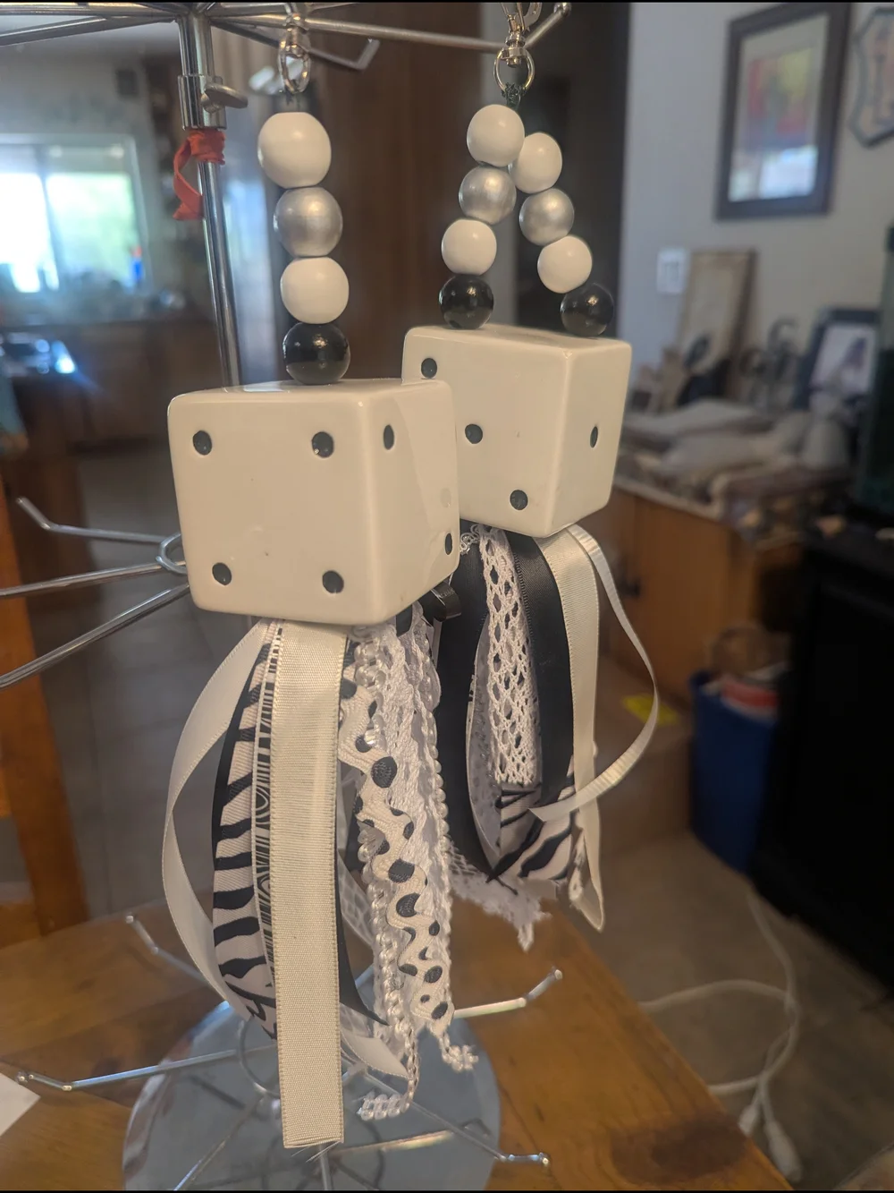 Handmade Black & White Dice Ribbon Ornament Tassel Set Of 2